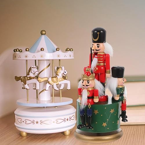 Miniatura 4 de LIFKOME Caja de música de cascanueces de madera, relojería, carrusel musical, marionetas, juguete musical, figuras de soldado cascanueces para
