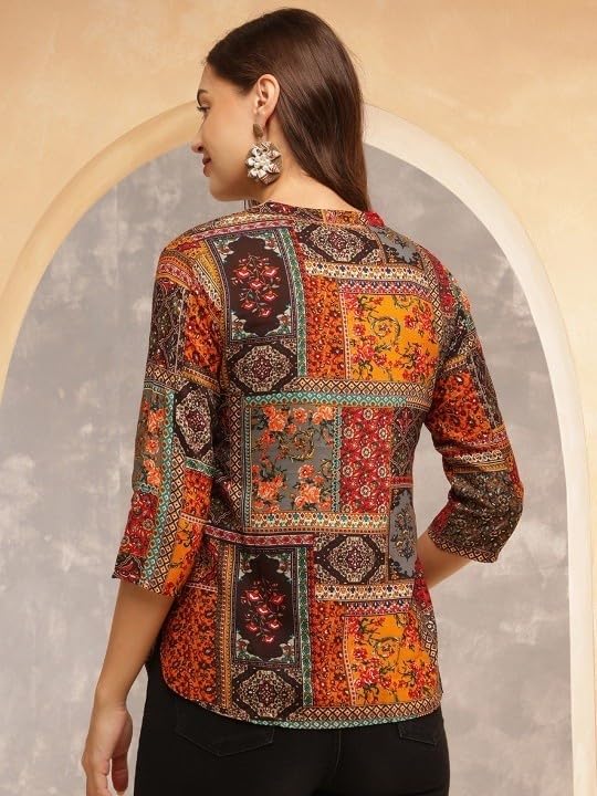 Image of Women's Cotton Printed Short Kurti, Round Neck, Three Quarter Sleeve, Straight Fit, Pack of 2