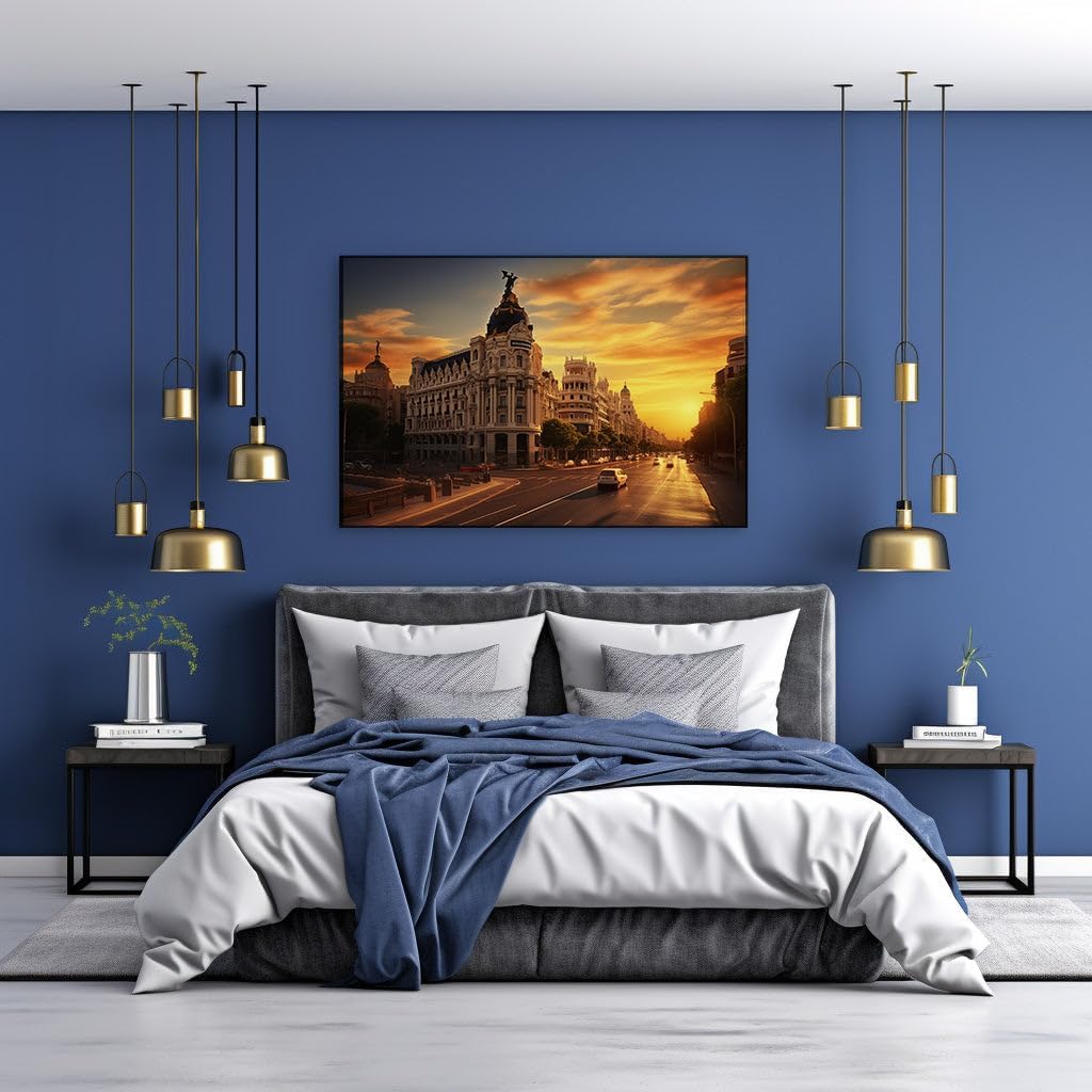 Canvas for Living room. Sunset Serenity on Calle de Alcala: Madrid's Urban Glow, 27 x 18 inch Canvas Wall Art - Ready to Hang