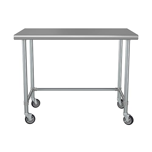 Miniatura 76 de Mesa de trabajo de base abierta de acero inoxidable 430 de calibre 18 de 30 x 72 pulgadas con ruedas giratorias de zinc resistentes de 5 pulgadas