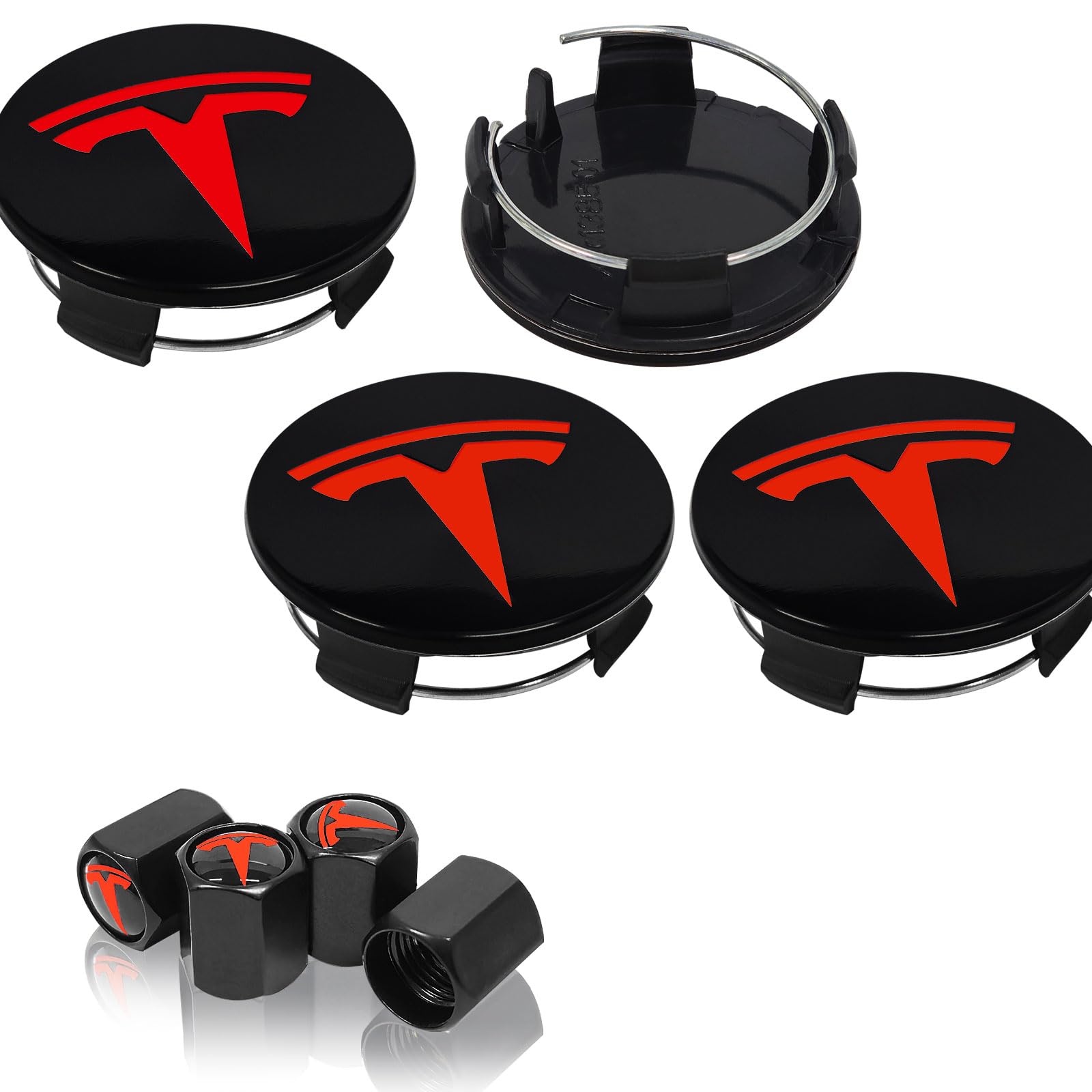 4 Pack Wheel Center Cover for Tesla Model 3 & Model Y,56mm Hubcaps Wheel Rim Cover Tesla Center Caps Hubcaps+4 Car Valve Stem Caps (Glossy Black Background+Red Emblem)