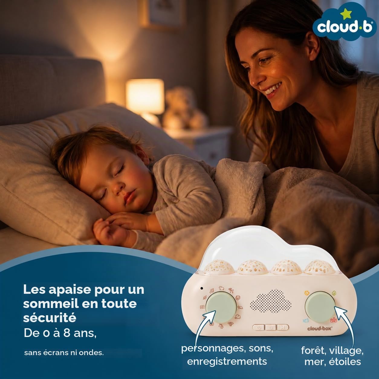Cloud B CloudBox - Mi Primera Caja de sueños | Proyector Luz Nocturna y Cuentacuentos | 36 Cuentos Originales, 8 Melodías y 8 Ruidos Blancos | Recargable con Configuración Ajustable | Español/Inglés