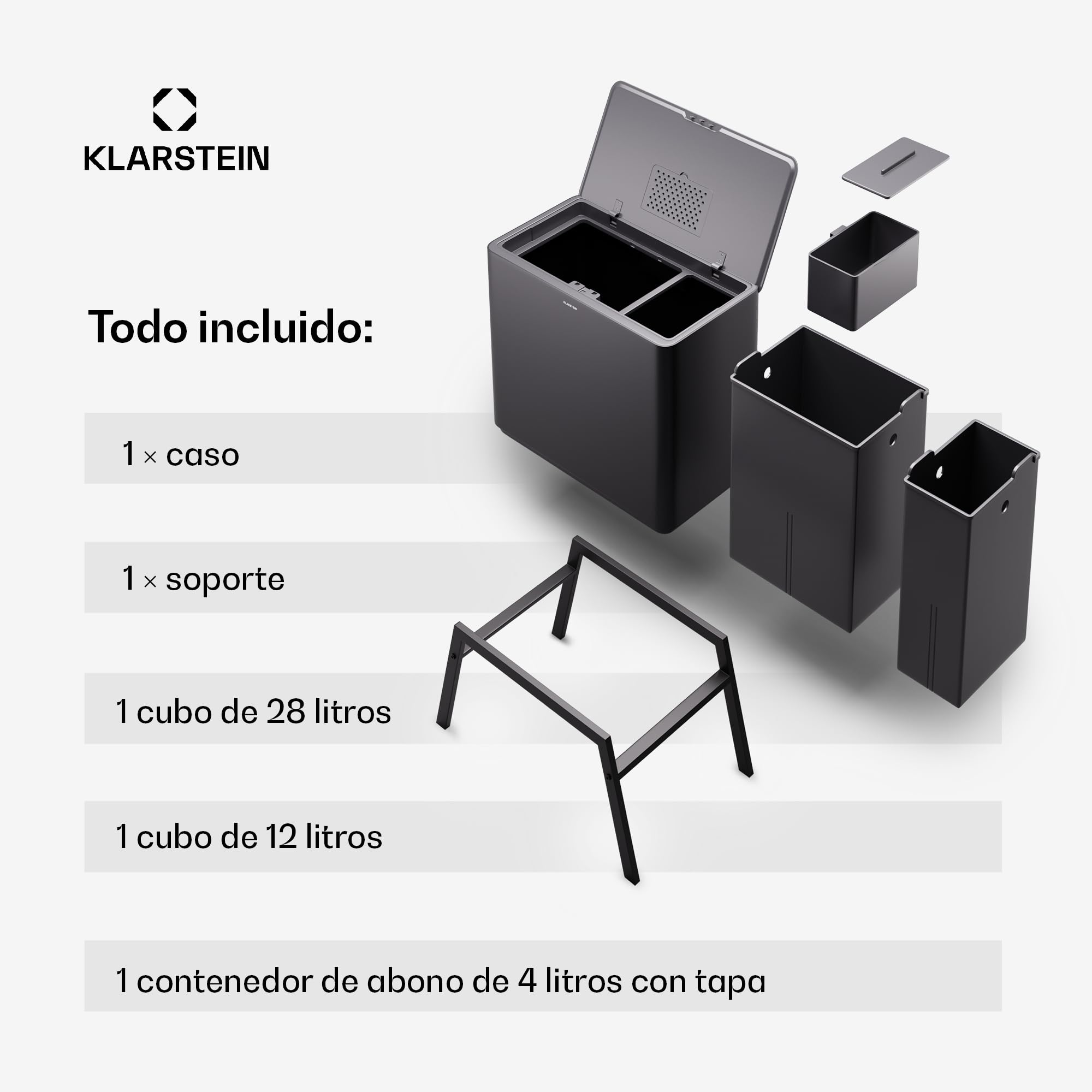 KLARSTEIN Yuma Cubo de basura cocina - 44L con 3 compartimentos, cubo de compost y filtro de olores, con filtro de carbón, acero inoxidable, patas elegantes, reciclaje fácil, negro