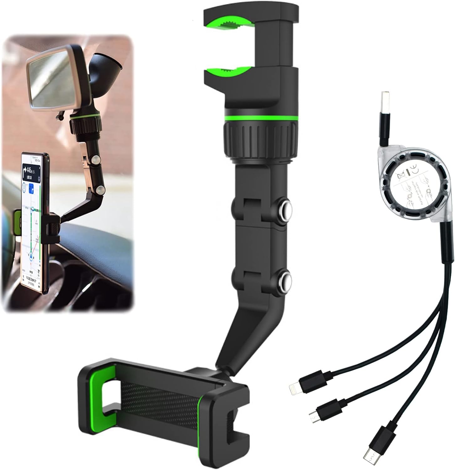 DOUBFIVSY Car Phone Holder + USB Cable, 360° Multifunctional Car Rearview Mirror Phone Holder Universal Adjustable Cell Phone Mount for Car Home Kitchen Compatible with Most Cell Phones