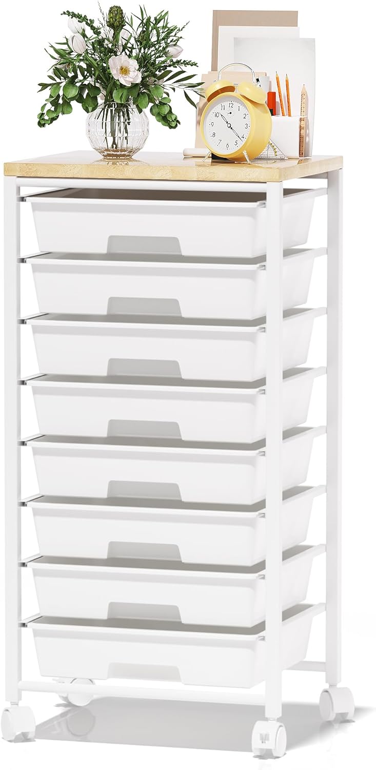 Rolling Cart with 8 Drawers, Storage Drawers Cart with Wooden Tabletop and Lockable Wheels, Craft Storage for Living Room, Office, Classroom, Craft Room, Bedroom - Image 9