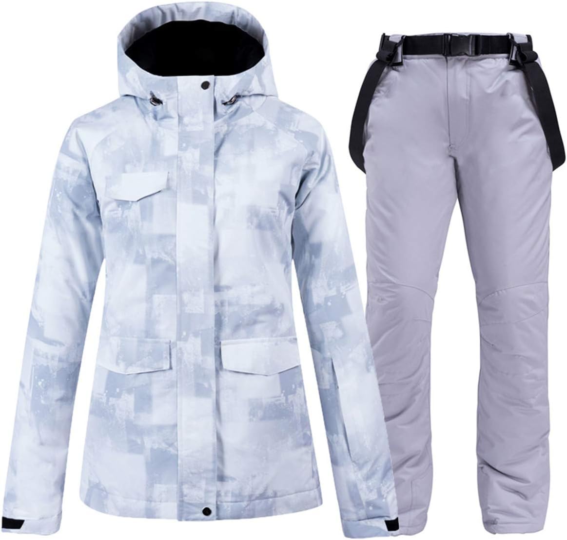 Women's 2 Pcs Gray Ski Jacket Outdoor Mountain Windproof Waterproof Snow Snowboard Coat with Ski Bib Pants Set