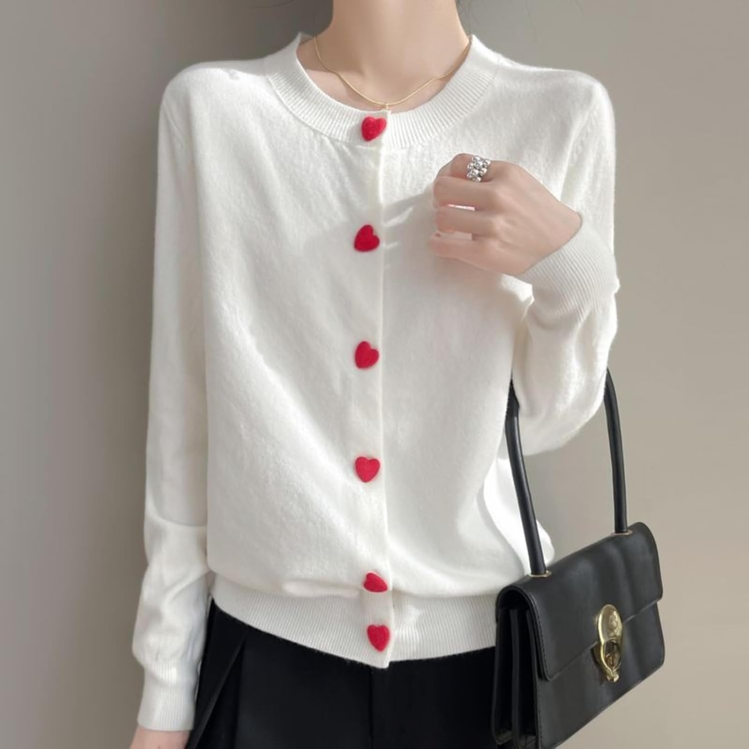 Monkay Knit Cardigan Sweaters for Women Crewneck Open Front Heart-Shaped Button Down Spring Outfits Long Sleeve Jacket - Image 3