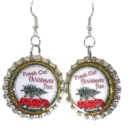 Fresh Cut Trees, Christmas Car, Holiday Jewelry, Vintage Christmas, Bottle Cap Earrings