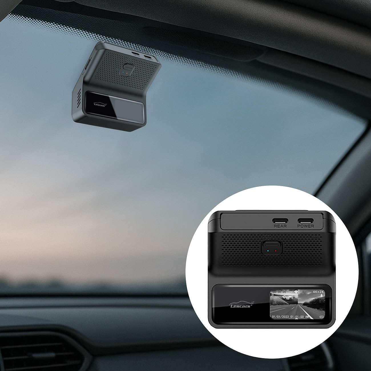 Lescars dash cam: Dashcam 4K-UHD, con telecamera di retromarcia Full-HD, GPS, 1,47"-IPS-Display (telecamera per auto con registrazione gps, per parcheggio, veicolo)