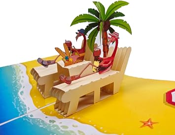 3D Pop Up Card Flamingo on Beach Chair with Palm Tree Summer Holiday Design Handmade for All Occasions Birthday Anniversary Thank You Reminder of You Retirement Gift Valentines Day