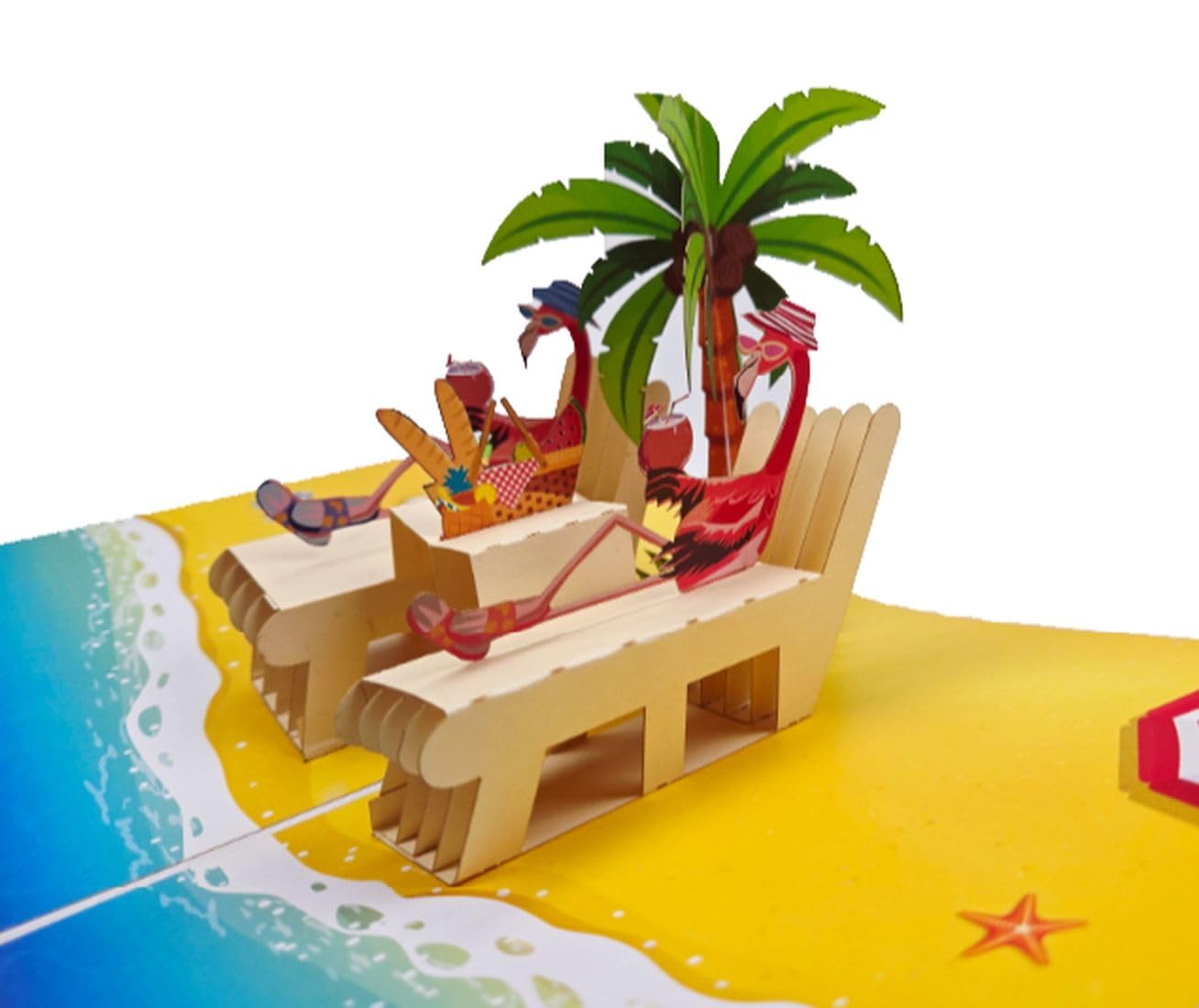3D Pop Up Card Flamingo on Beach Chair with Palm Tree Summer Holiday Design Handmade for All Occasions Birthday Anniversary Thank You Reminder of You Retirement Gift Valentine's Day