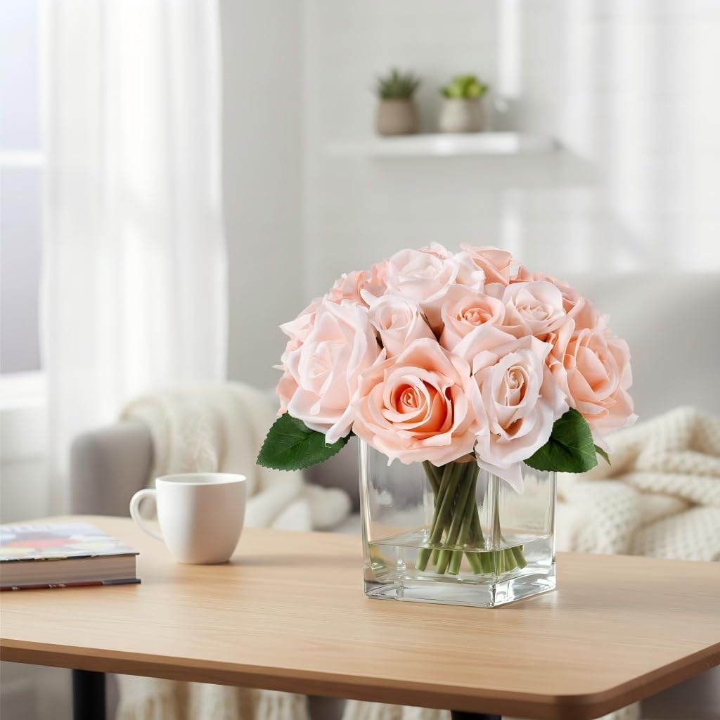 18 Heads Rose Faux Flowers in Vase, Aritificail Rose Floral Arrangement with Vase for Dining Table, Bedroom, Wedding Decor (Champagne) - Image 6