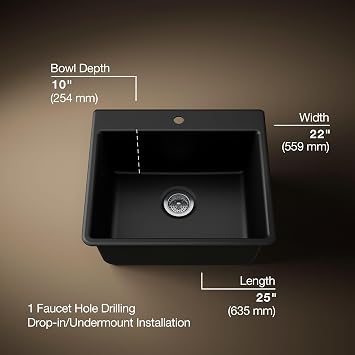 KOHLER 28003-1-CM1 Kennon 25 Top-/Undermount Single-Bowl Kitchen Sink, Includes Sink Rack, Matte Black