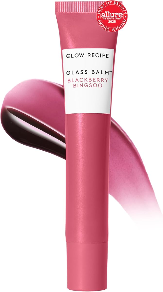 Tratamiento labial Glow Recipe Glass Balm - Bálsamo labial hidratante y humectante de 12 horas con ácido hialurónico para suavizar, rellenar y proteger de la sequedad - Tinte de alto brillo Sheer Berry, Blackberry Bingsoo (15 ml)