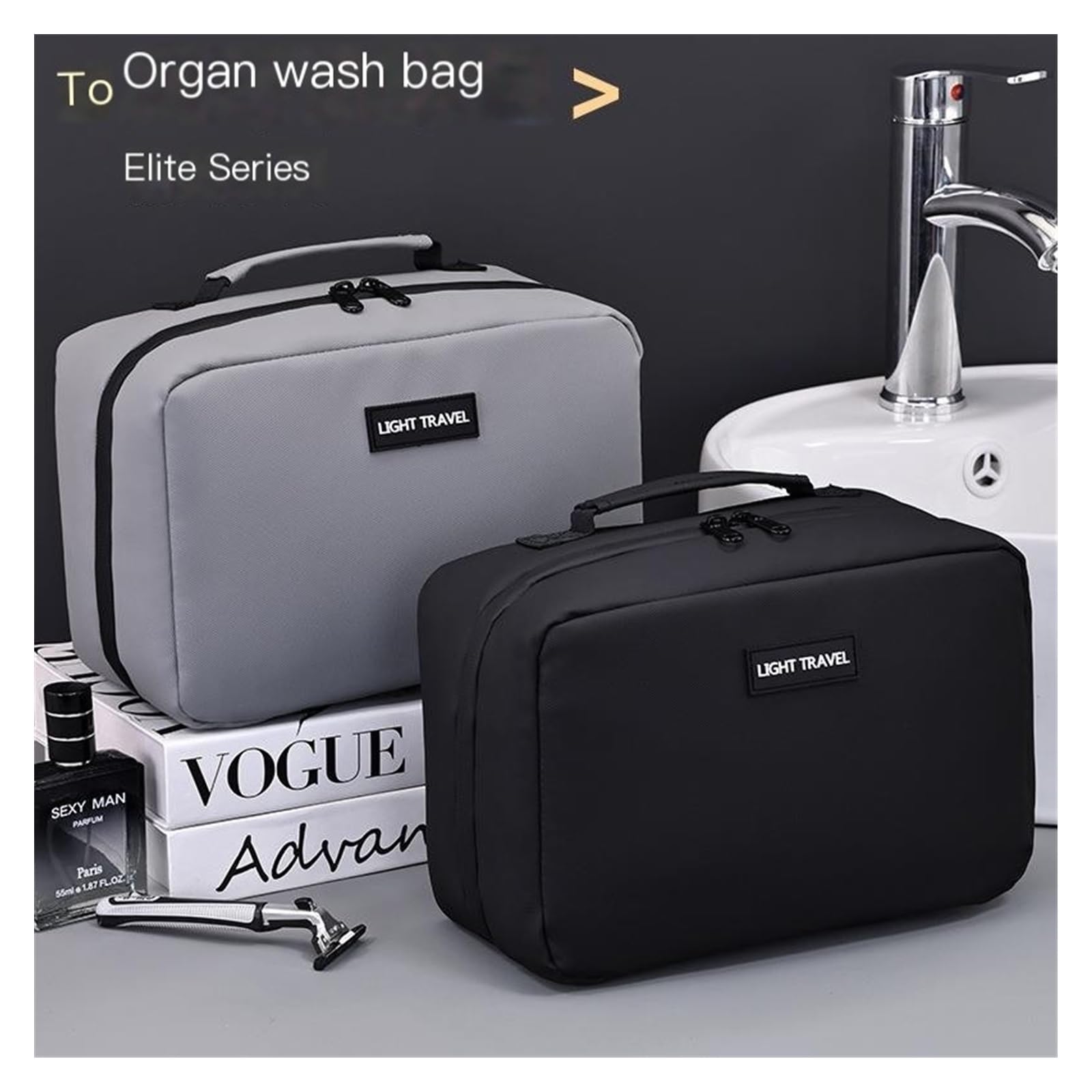 Trousse de toilette, organiseur de voyage en accordéon, portable de grande capacité, séparation humide et sèche, Noir