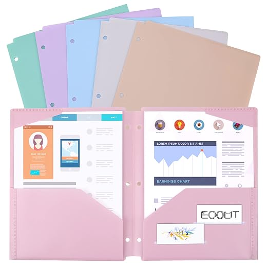 EOOUT 6pcs Folders with Pockets 3 Hole Punched Heavy Duty Binder Folder with Pockets and Holes for School Students Teachers