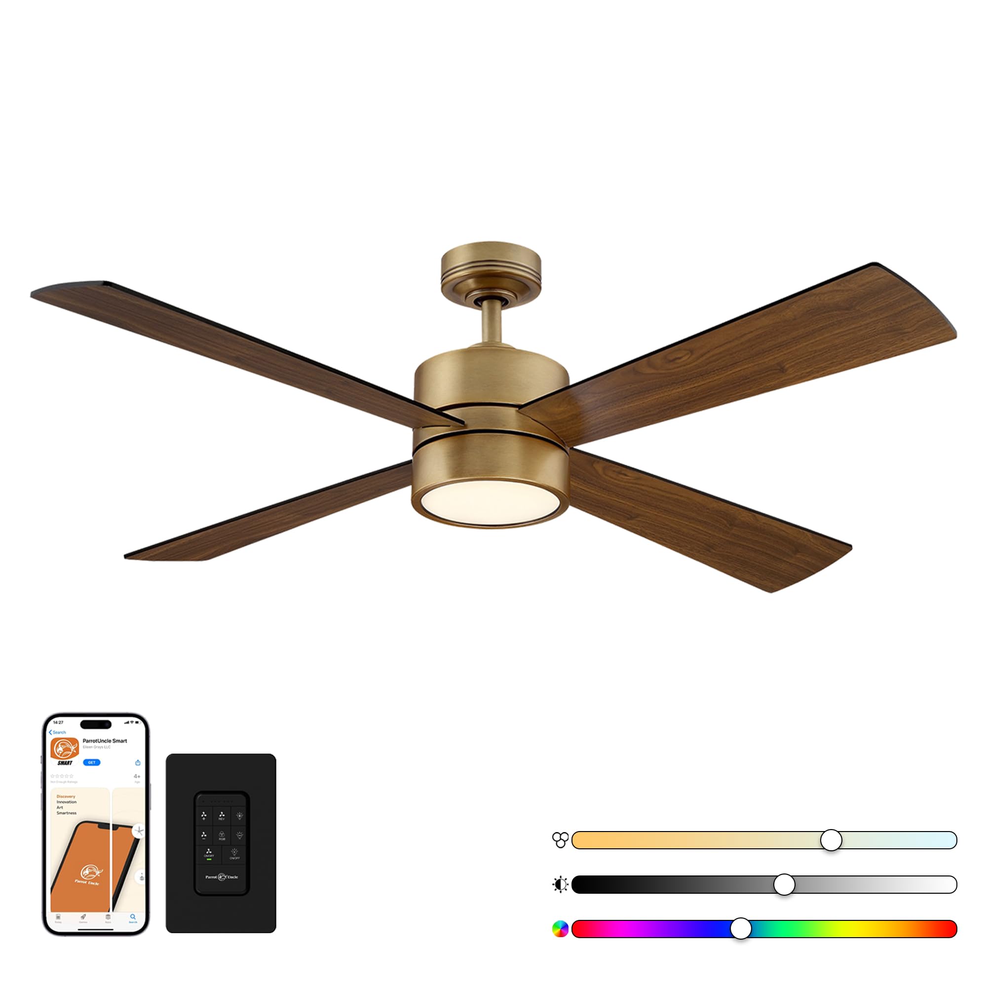 Gold Ceiling Fans with Lights and Remote 52 Inch Chandelier Ceiling Fan for Bedroom Living Room, Brass Outdoor Ceiling Fans Low Profile, 6-Speed Reversible DC Motor, RGB for Party, Ventilador de Techo