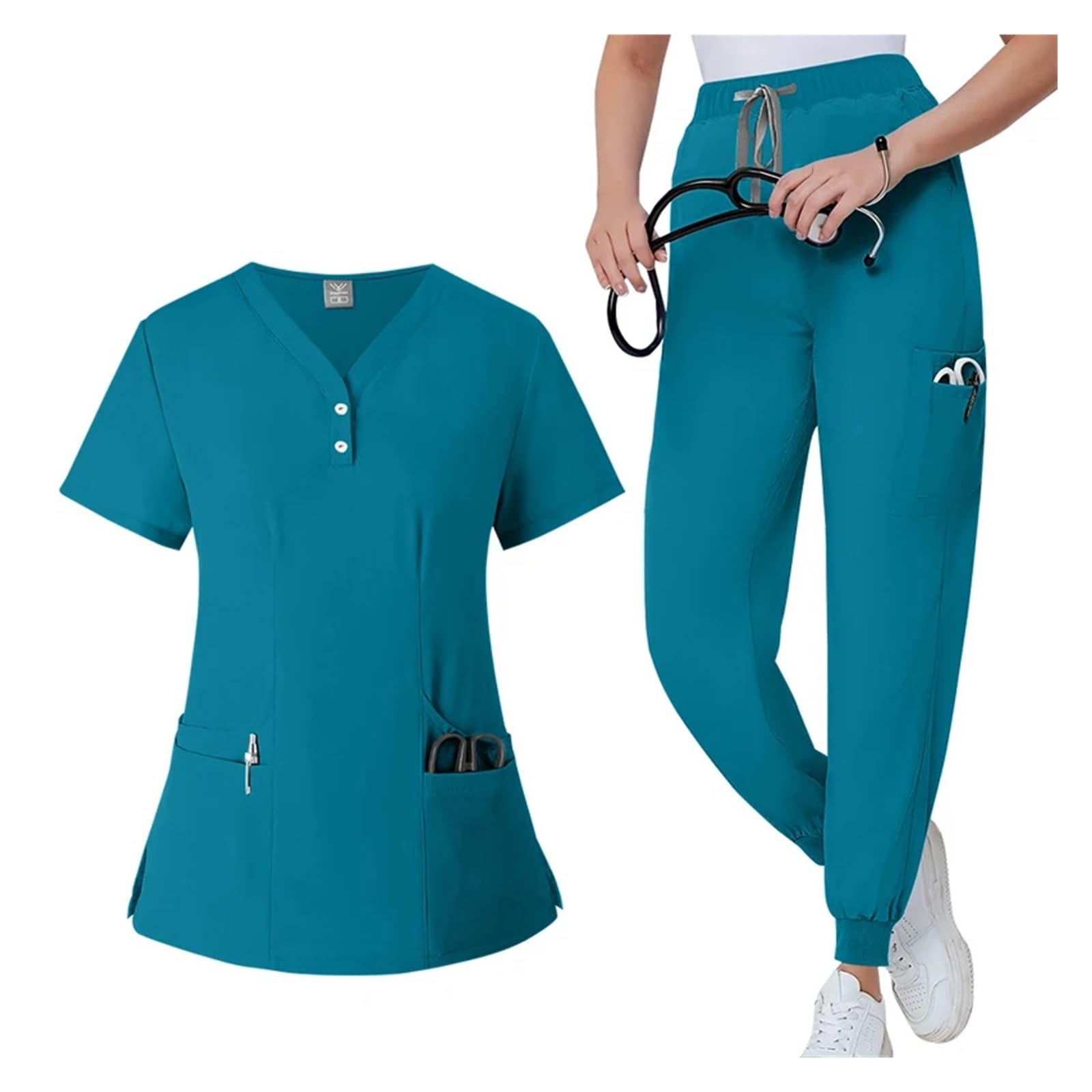 Uniformes Sanitarios Mujer Conjunto de Uniforme quirúrgico for médicos y Enfermeras, con Cuello en V, Bolsillo, elástico, de Secado rápido, Camiseta y Pantalones, for Dentistas y orales.