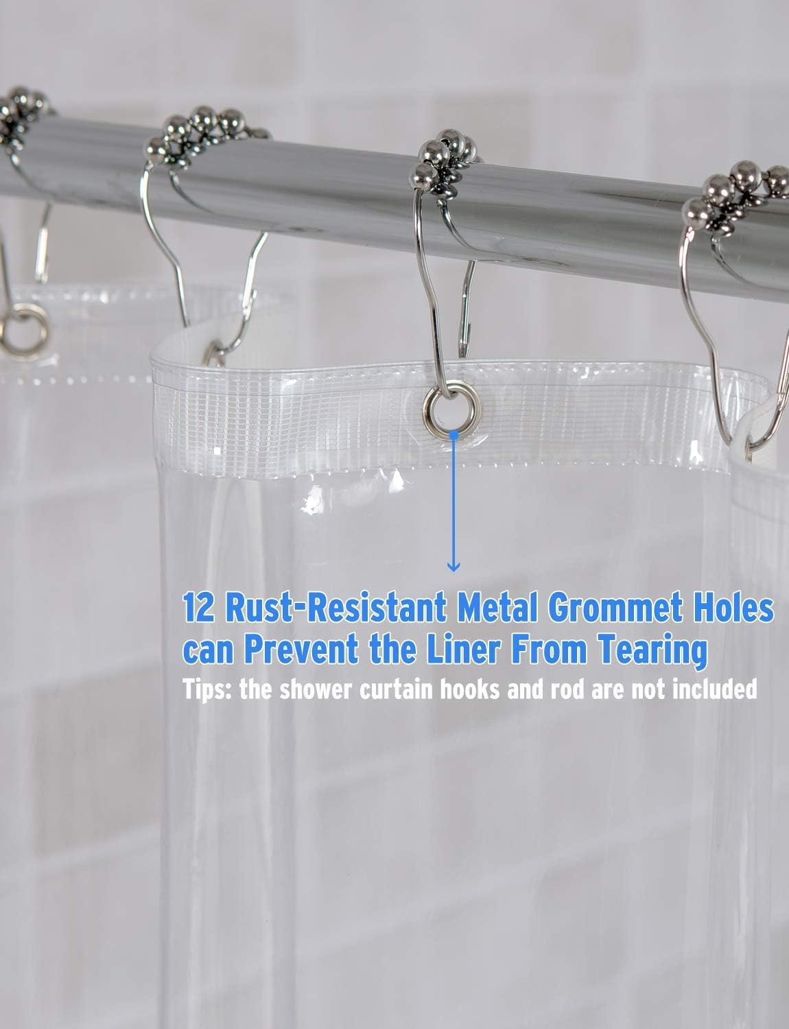 Amazer Shower Curtain Hooks Rings and 12 Gauge Heavy Duty Crystal Clear Thick Shower Curtain Liner