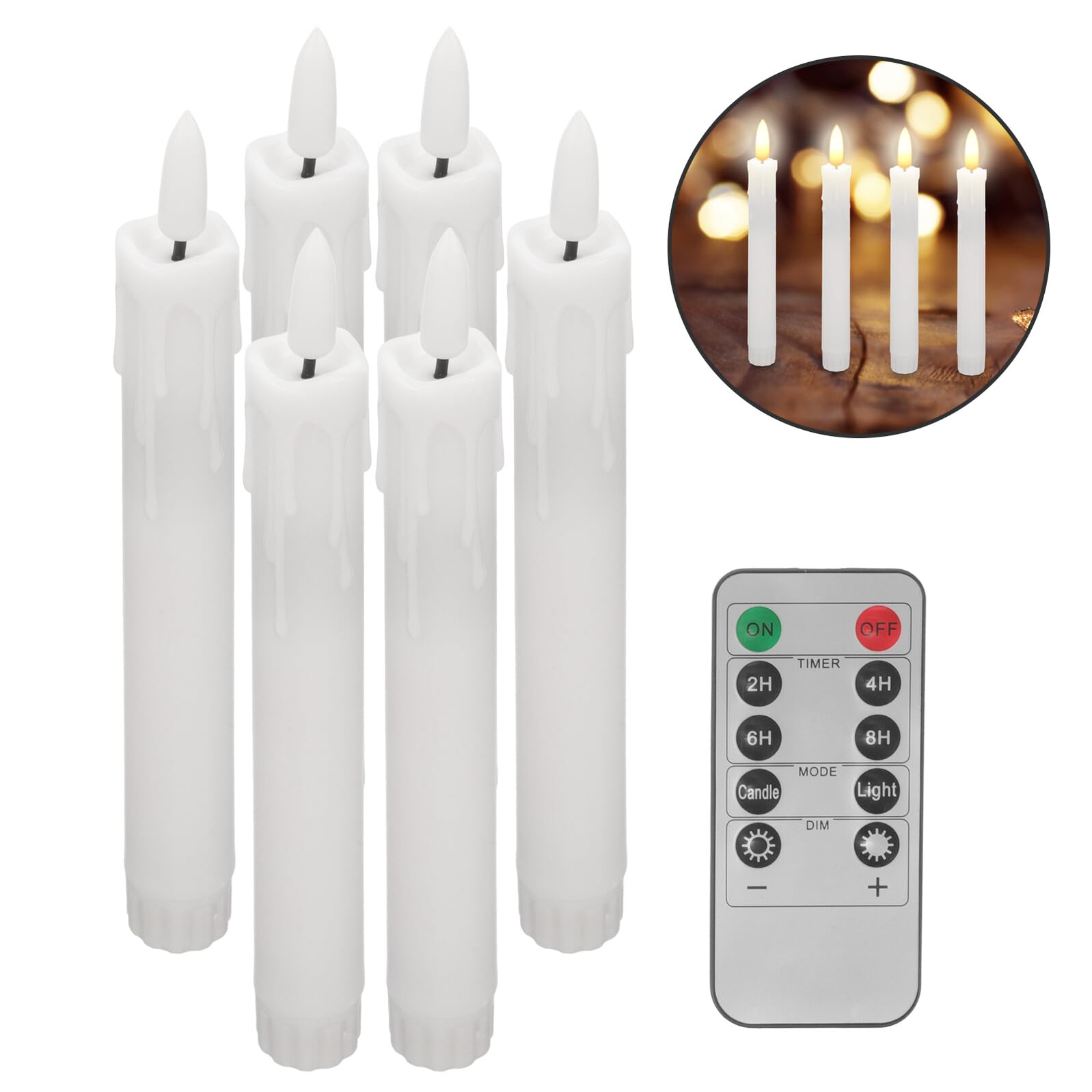 6 Velas Cónicas LED sin Llama de Plástico con Mando para Ambiente Navideño