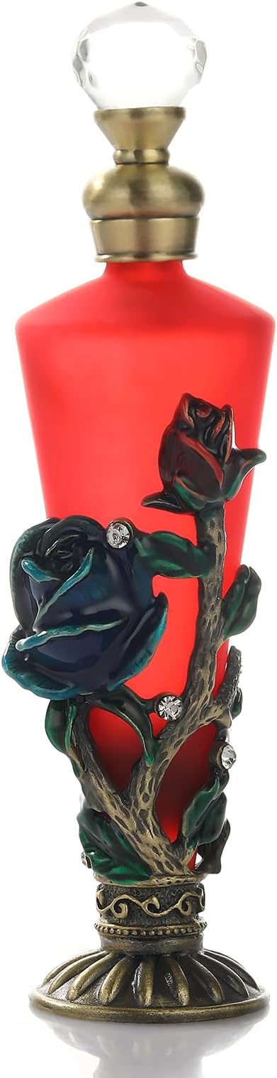 Retro Fancy Perfume Bottles, Rose Flowers Crystal Perfume Bottle, Old Fashioned Oil Bottles for Living Room Bedroom Decor Birthday Gift(30ML, Red)