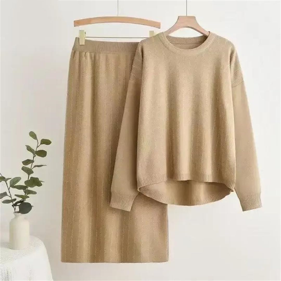 Women O-Neck S Sweater Pullover Tops Korean High Waist Skirts Outfit Knitted 2 Piece Sets