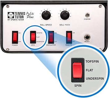 Tennis Tutor Prolite Plus Tennis Ball Machine. Features One-Touch TOPSPIN/Underspin. Speed 75 MPH. Built-in Oscillator. Made in USA by #1 Tennis Machine Company.