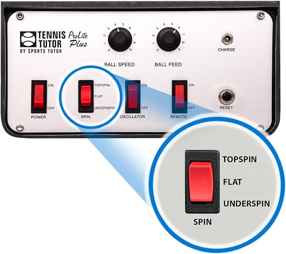 Tennis Tutor Prolite Plus Tennis Ball Machine. Features One-Touch TOPSPIN/Underspin. Speed 75 MPH. Built-in Oscillator. Made in USA by #1 Tennis Machine Company.
