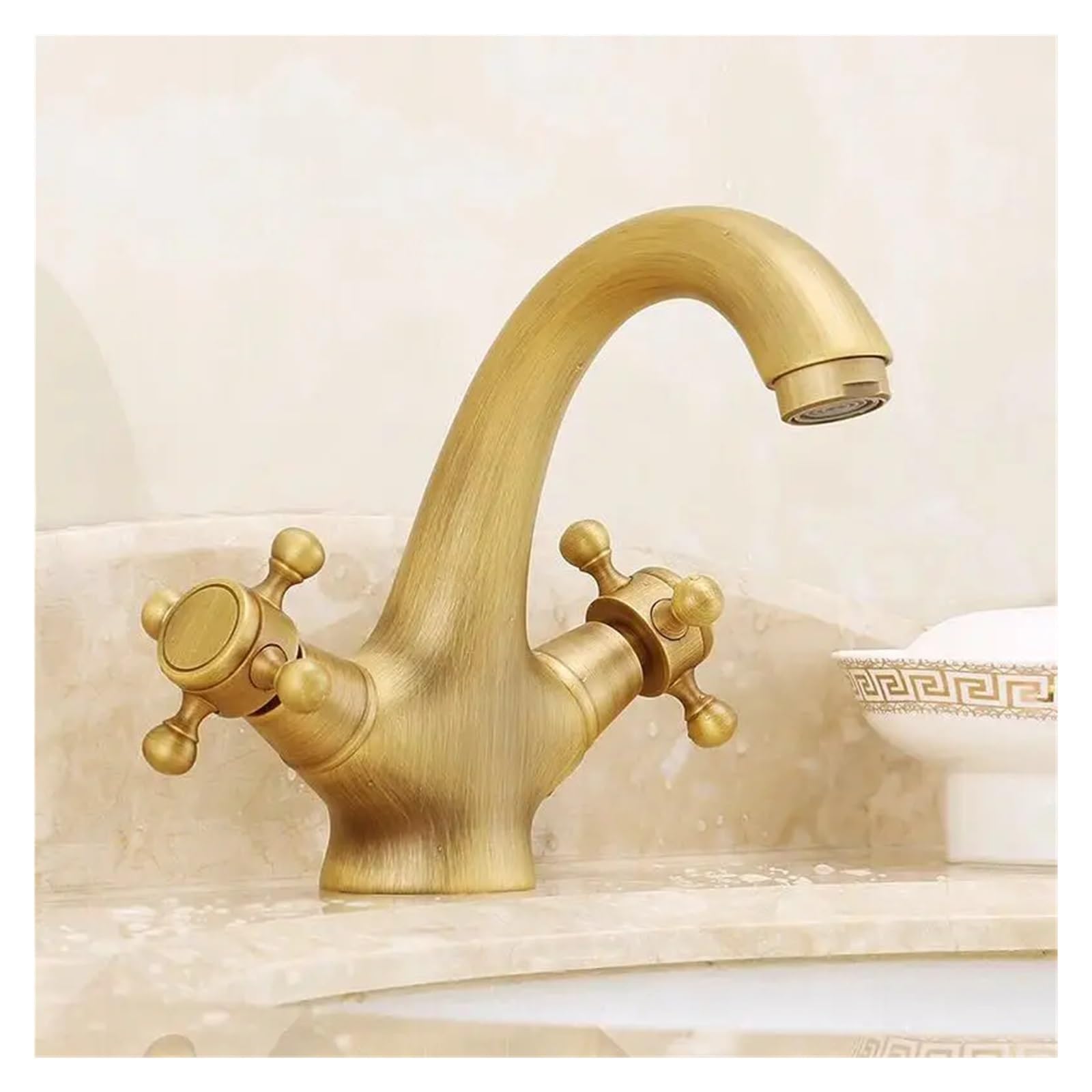 Grifo de lavabo antiguo de bronce con doble manija elegante 6