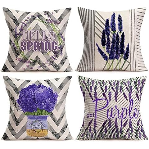 Aremetop Watercolor Provence France Lavender Pillow Covers 18x18 Inch Set of 4 Spring Decor Purple Flower Blossom Cushion Protector Cotton Linen Throw Waist Pillow Case Cover for Sofa Couch Porch Cover