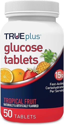 TRUEplus Tabletas de glucosa, sabor a fruta tropical - Botella de 50 ct