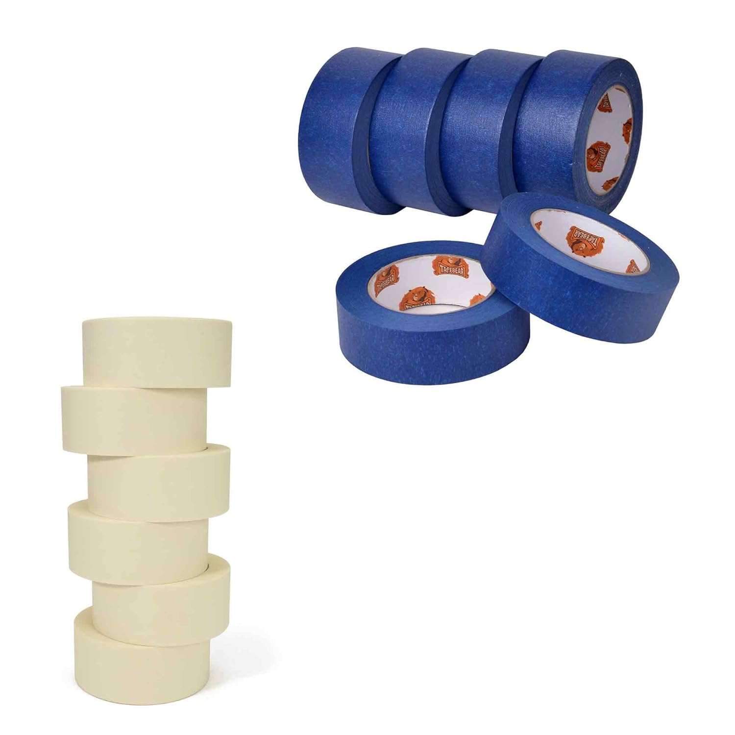 TAPEBEAR Beige White Masking Tape 2" x 60 Yards x 6Rolls + Blue Painter's Tape 1.88" x 60 Yard x 6Rolls