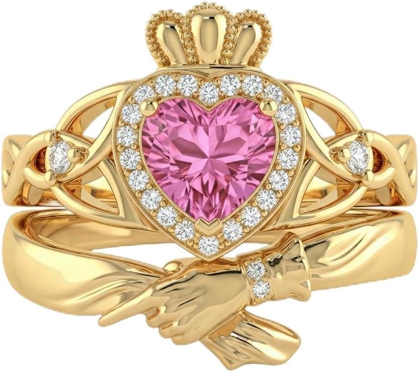 10K/14K/18K Gold Claddagh Heart Rings Set for Women,Heart-Shaped Gemstone Birthstone Rings Set Valentine's Day Engagement Wedding Jewelry for Her