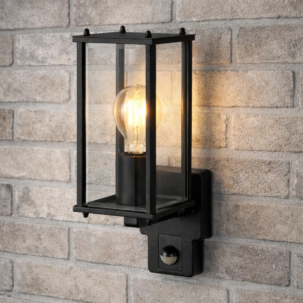 Outdoor Wall Light Lantern Beveled Glass Interior Porch (Black PIR)