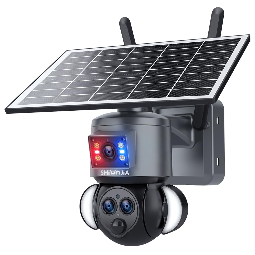 SHIWOJIA Bezprzewodowa zewnętrzna kamera solarna 4G, 6 MP, 15 x zoom, potrójny obiektyw, wykrywanie człowieka PIR + czerwone i niebieskie światła migające