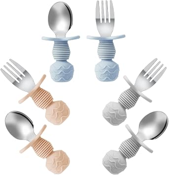 PandaEar 6 Pack Toddler Cutlery Set| Stainless Steel Baby Fork and Spoon Set| Childrens Kids Cutlery| Baby Cutlery Self Feeding 12 Months Plus with Silicone Holding Anti-Choke Design