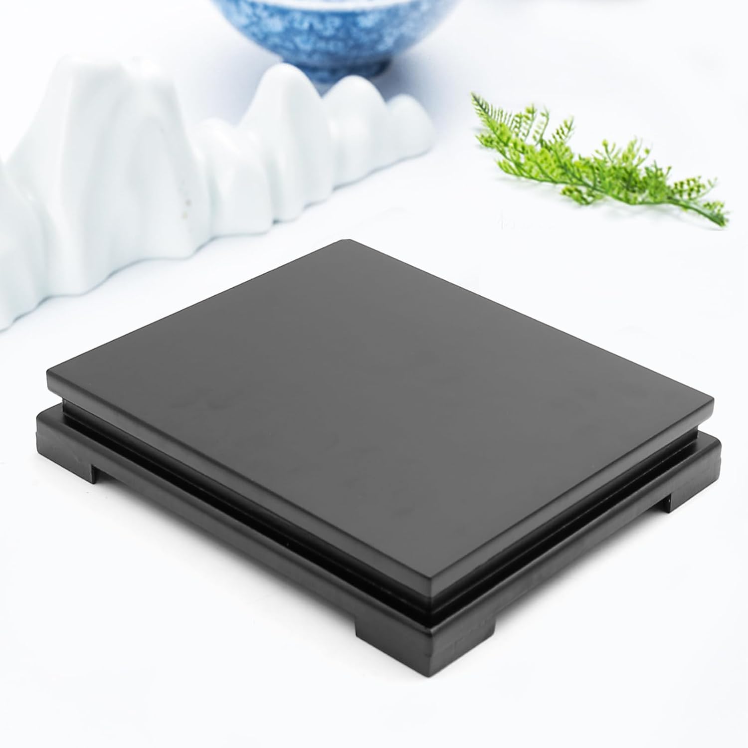 MDEOOSKY Wooden Display Stand Rectangle Wood Display Base Display Risers Rectangle Vase Riser Teapot Aquarium Lamp Base Home Decoration 10.24" W x 8.86" D x 1.69" H (Black)