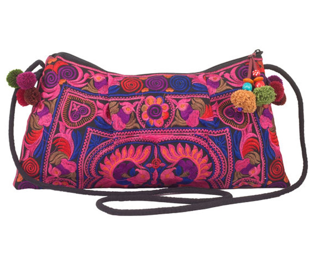Red Bird Shoulder Bag Hmong Embroidered Handmade PomPoms Strap