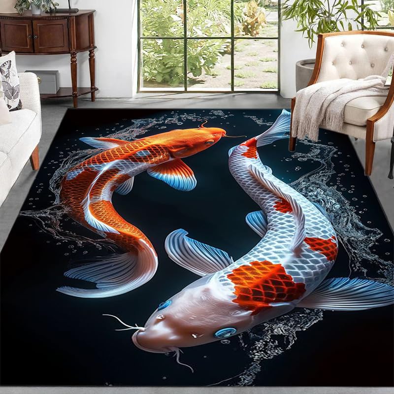 Bycmuoz Japanese Koi Indoor Rug, 80x150cm, A Pair of Vivid Red Catfish Pattern Design Carpet for Bedroom, Easy Clean Low Pile Pet Friendly Mats Rubber Backed Absorbent Carpets for Floor Indoor