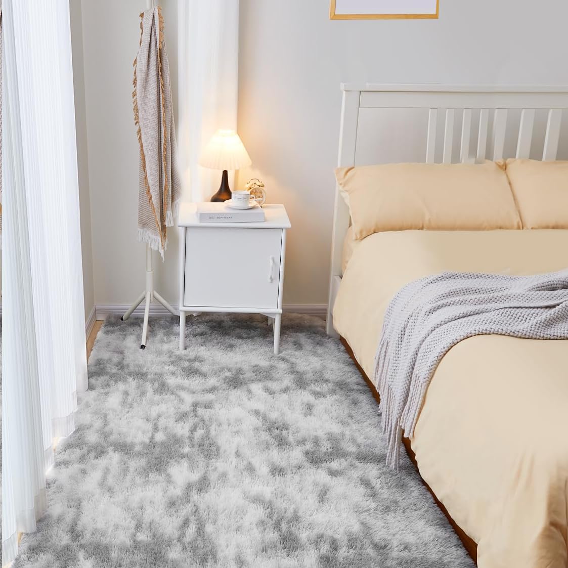 Puremy Wohnzimmer Teppich Flauschiger, Waschbar Anti-Rutsch & Hochflor Teppichen, Langflor Teppiche für Schlafzimmer & Kinderzimmer, Bettvorleger MatteTie-Dye Hellgrau, 80 * 150cm