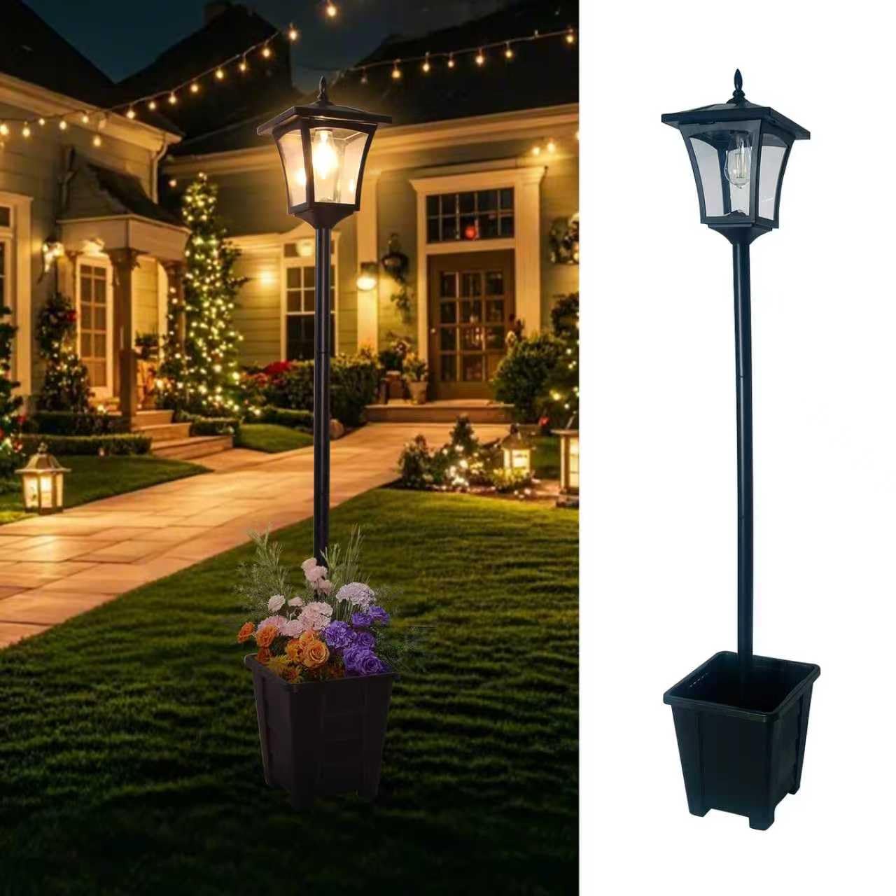 solar lamp post with planter 2-in-1, 59" solar post lights outdoor waterproof, dusk to dawn warm yellow lights, outdoor planter for real or fake flowers, solar lights for lawn, patio, front/back door