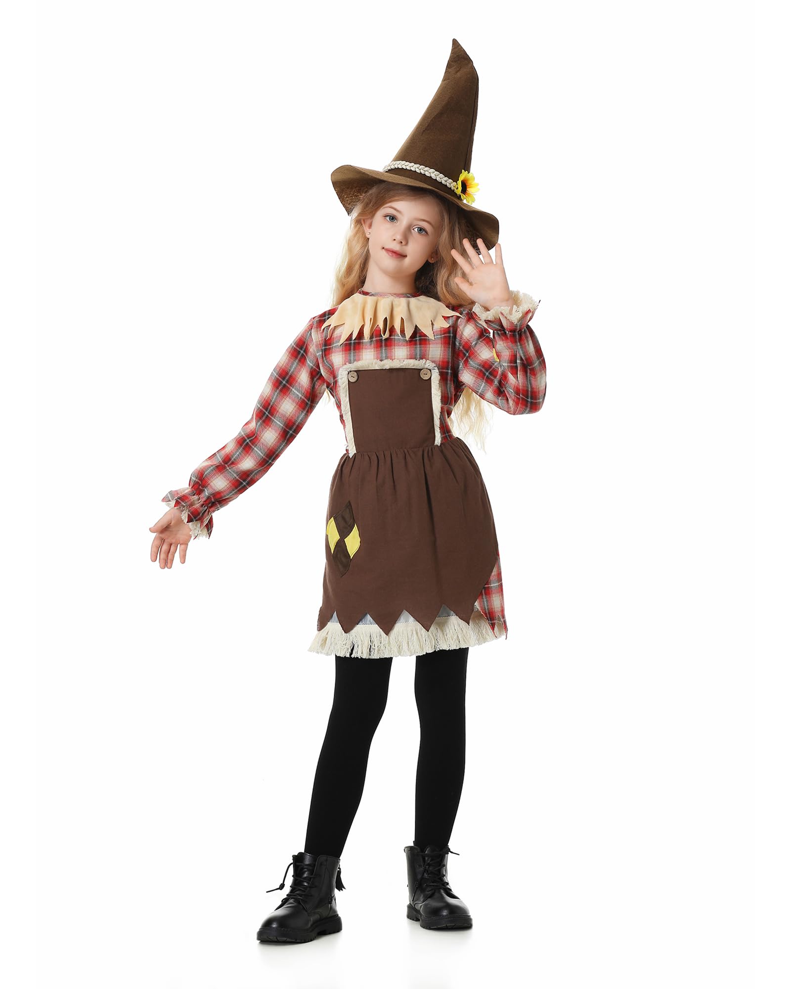 maxToonrain Kids Scarecrow Costume Girls 2 PCS Long Sleeve Scarecrow Dress with Sunflower Straw Hat for World Book Day Halloween Christmas (Medium