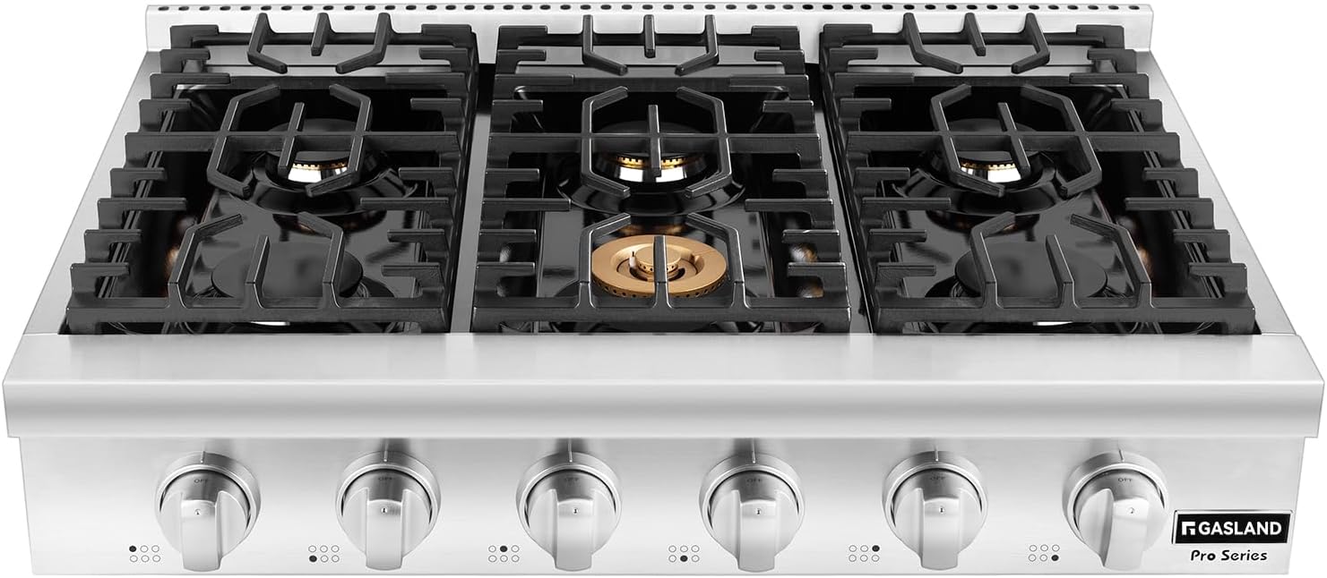 GASLAND 36 Inch Gas Cooktop 6 Burners, Pro RT3606 Professional Natural Gas Rangetop, Slide-in Natural Gas Stovetop with Blue Indicator Lights, Re-ignition, 120V Plug-in
