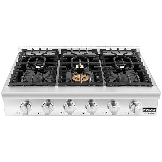 GASLAND 36 Inch Gas Cooktop 6 Burners, Pro RT3606 Professional Natural Gas Rangetop, Slide-in Natural Gas Stovetop with Blue Indicator Lights, Re-ignition, 120V Plug-in
