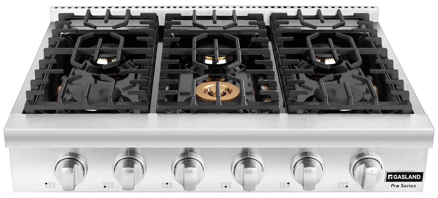 GASLAND 36 Inch Gas Cooktop 6 Burners, Pro RT3606 Professional Natural Gas Rangetop, Slide-in Natural Gas Stovetop with Blue Indicator Lights, Re-ignition, 120V Plug-in