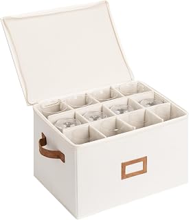 StorageWorks Stemware Storage Cases, Hard Shell Wine Glass Storage Box with Dividers for Glassware, Crystal, and China Holds 12 Standard Size Wine Glasses, 1 Pack, Beige