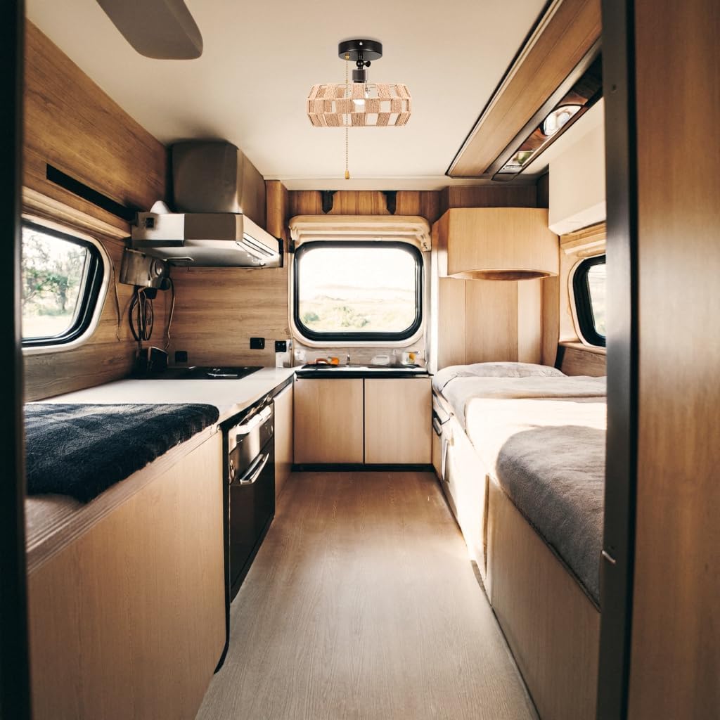 Adjustable Light, Zipper Switch 12V RV Industrial Natural Boho Style Mosaic Woven Rattan Drum Cover, E26 Socket Semi Flush Mount Interior Lighting Decorative for Boat Camper Hallway