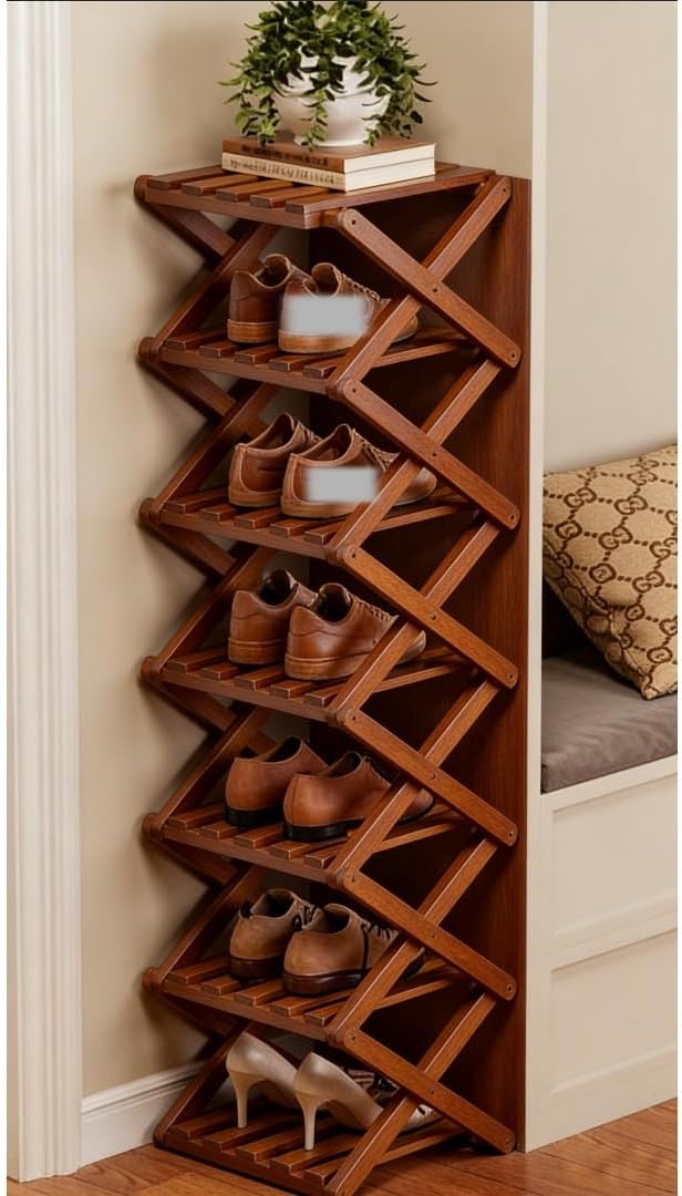 OUTMX Tall Bamboo Shoe Rack Organizer, Foldable 10-Tier Space-Saving Shoe Shelf with No Assembly Required, Narrow Storage Rack for Entryway, Closet and Bedroom(Style B,7 Layers)