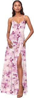 V Neck Chiffon Bridesmaid Dresses for Women with Slit Spaghetti Straps Tie Formal Wedding Prom Dress