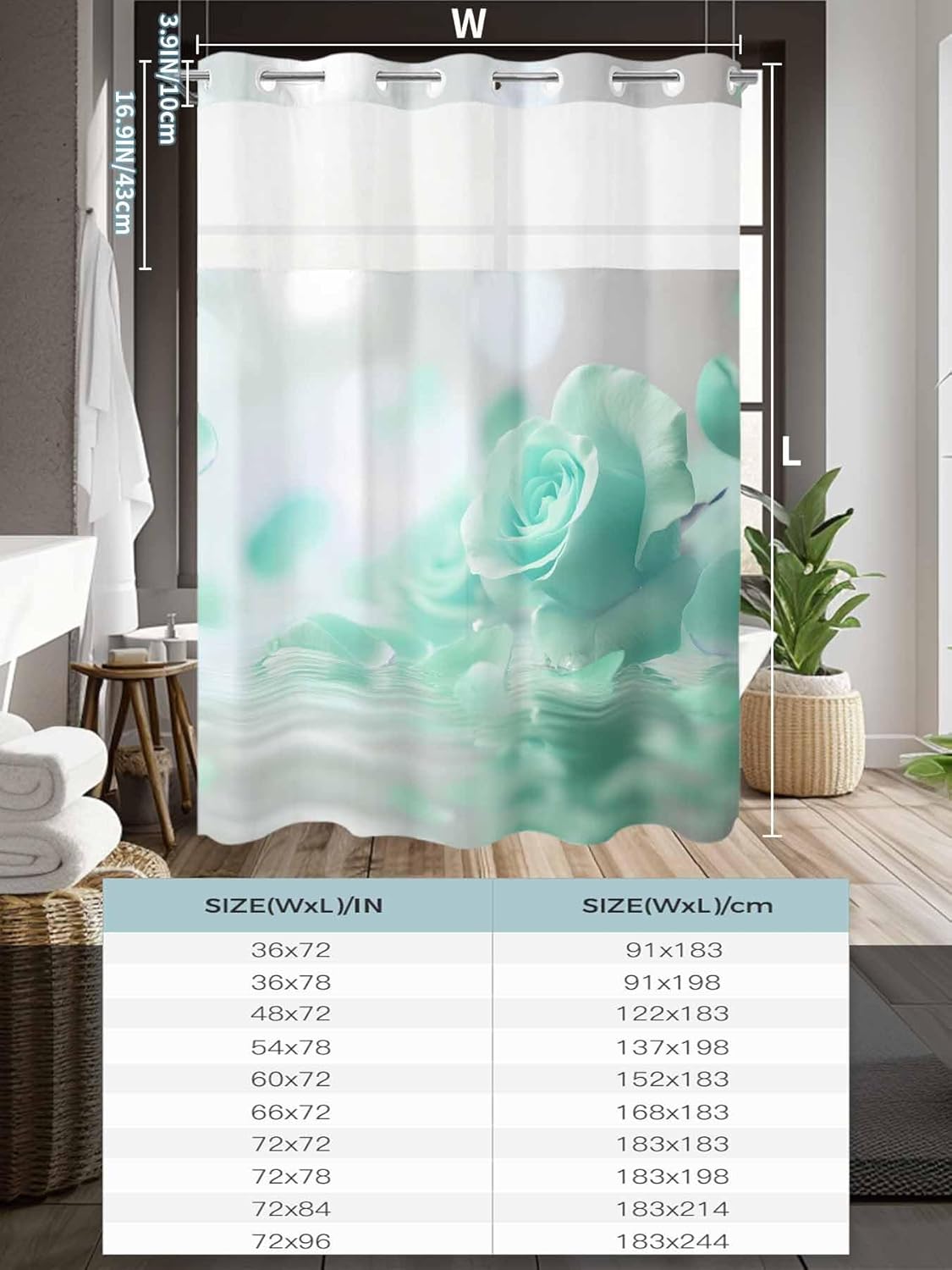 No Hook Shower Curtain, Green Rose Fantasy Small Shower Curtains with Snap in Liner, Elegance Floral Romantic Reflection Waterproof Washable Fabric Bathroom Curtain Sets, 36" x 78"